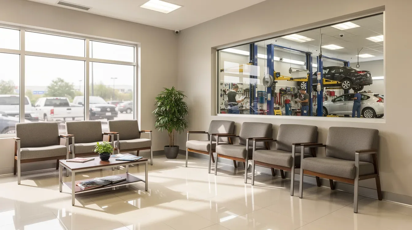 Imaginea prezintă o sală de așteptare curată și luminoasă într-un atelier auto, dotată cu scaune confortabile și o fereastră care oferă vedere spre zona de lucru. Acest spațiu este ideal pentru clienții care așteaptă întreținerea sau diagnosticarea mașinilor lor, inclusiv modele Mercedes Benz, la service-ul din Brașov.
