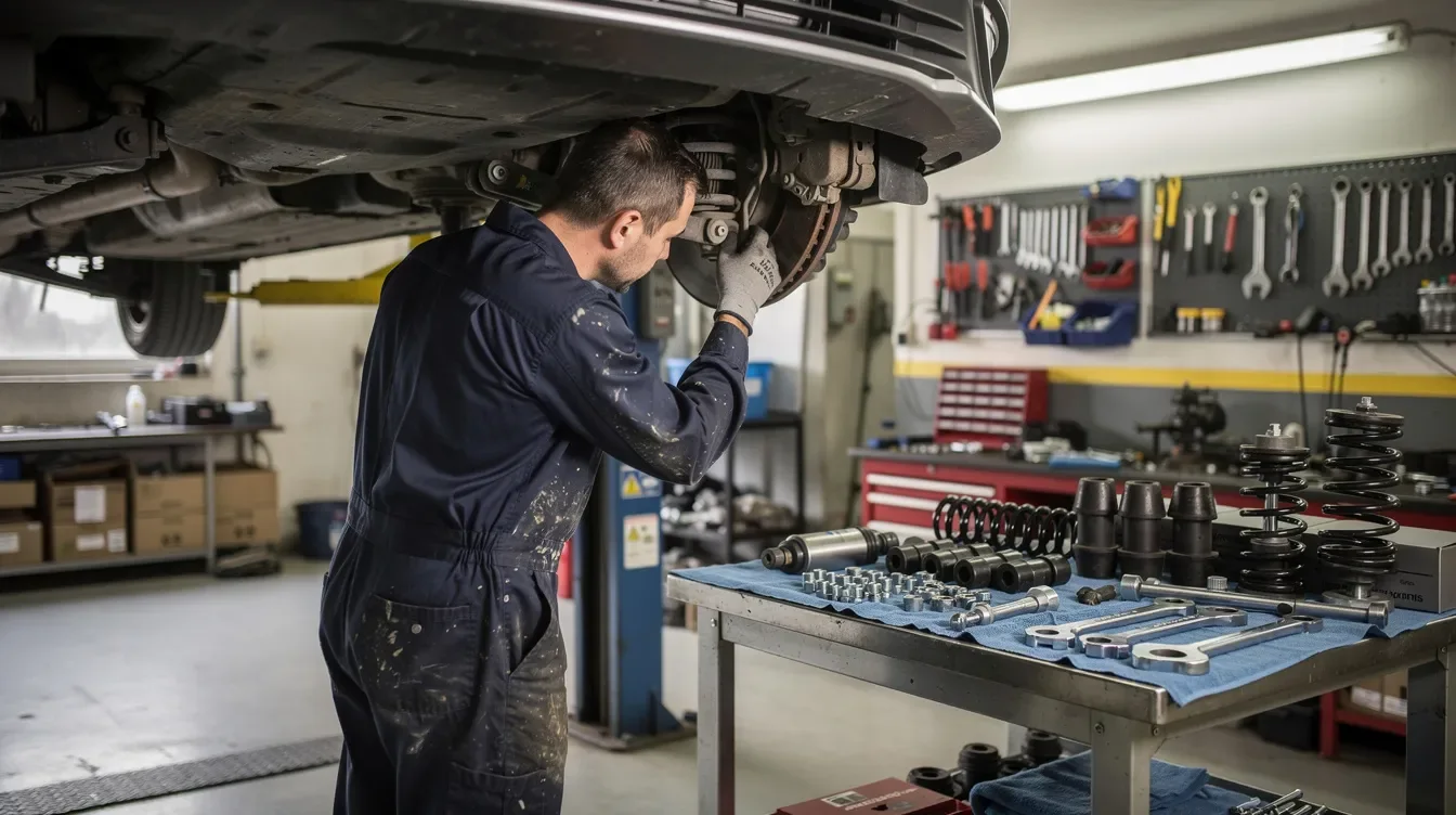 Un mecanic auto inspectează suspensia unei mașini ridicate pe un elevator, în timp ce pe bancul de lucru din apropiere se află diverse piese de schimb necesare pentru service-ul acesteia. Imaginea ilustrează un mediu de lucru profesionist, specific unui service auto din Brașov, dedicat reparațiilor și întreținerii automobilelor, inclusiv a modelelor Škoda.