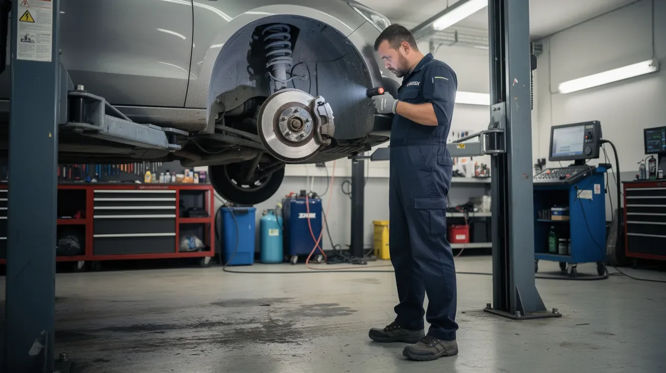 Un mecanic auto examinează suspensia unui autoturism Mercedes ridicat pe un elevator într-un atelier profesional din Brașov, pregătindu-se pentru întreținere și diagnosticare. Atelierele de service oferă servicii de calitate pentru diverse mărci de mașini, inclusiv programări pentru schimburi de piese.