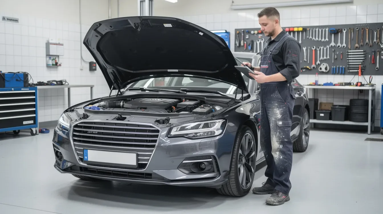 Mecanic inspectând compartimentul motor într-un atelier auto