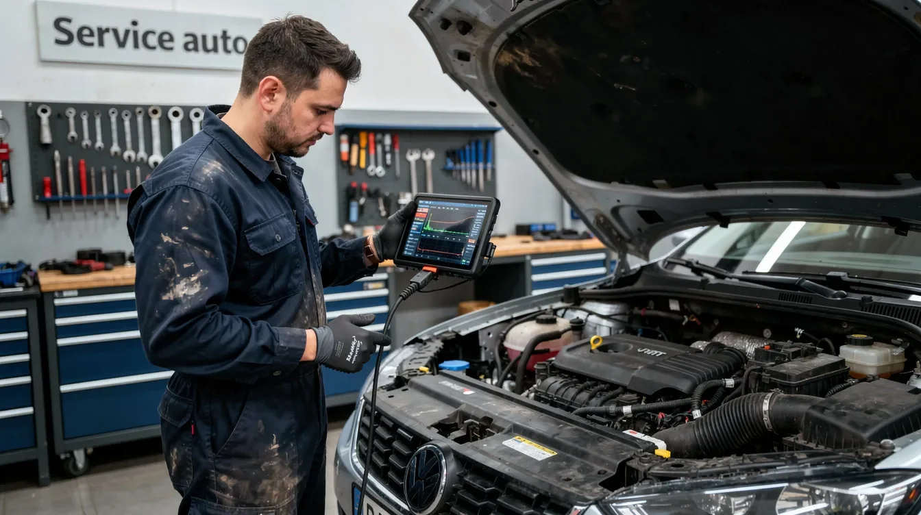 Mecanic folosește un tester pentru diagnoza motorului