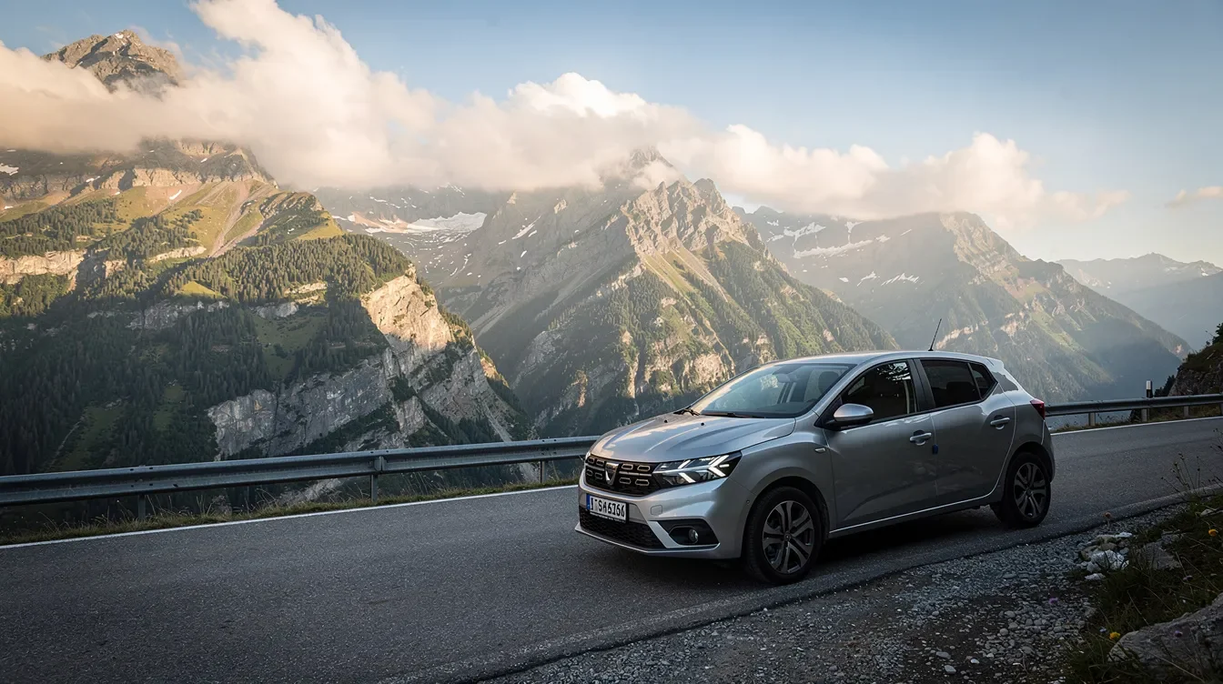 Dacia Sandero în verificare pe un drum montan, pentru întreținere la Damianis Brașov