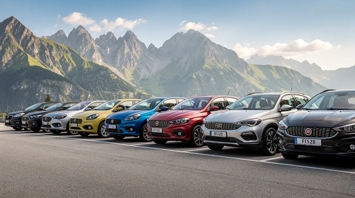 Mai multe modele Fiat parcate în exterior