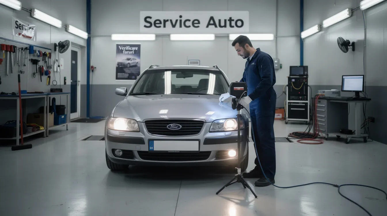 Imaginea prezintă un set de faruri auto verificate într-un atelier de service, evidențiind atenția la detalii și calitatea lucrărilor efectuate. Atelierul de service Toyota Brașov este pregătit să ofere asistență pentru toate nevoile legate de mașini, inclusiv pentru vehicule hibride.