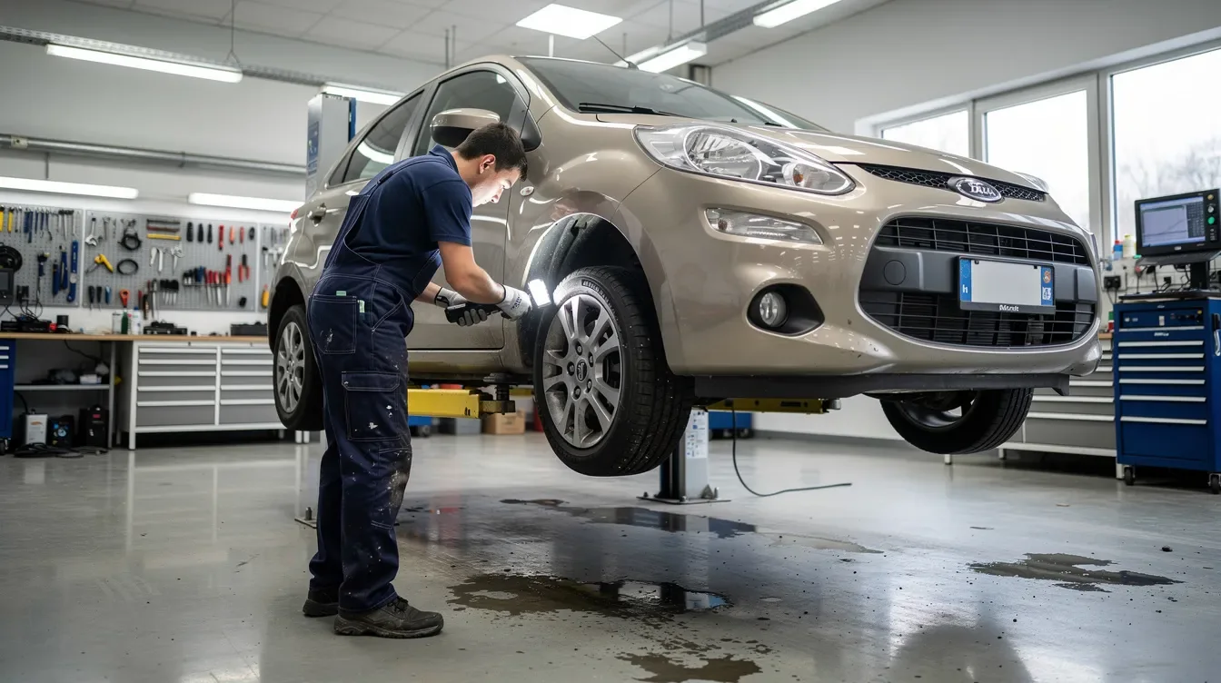 Un mecanic îmbrăcat în uniformă verifică un automobil compact pe un elevator într-un atelier modern de service auto din Brașov, specializat în mărci precum Seat, Audi și Škoda. Atelierul este bine echipat, oferind servicii autorizate de calitate pentru autovehicule.