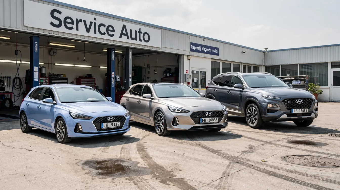 Mai multe modele Hyundai parcate în fața unui service