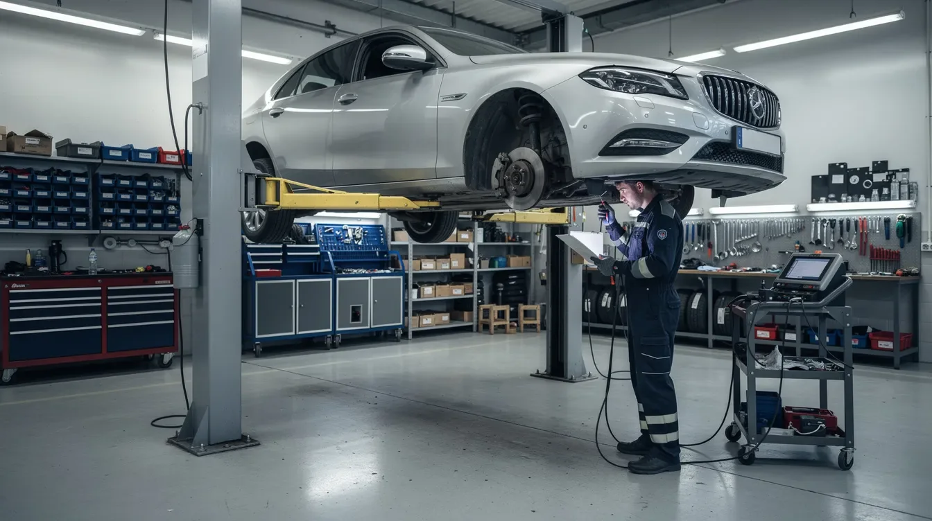 Autoturism pe elevator într-un atelier auto pentru întreținere mild hybrid