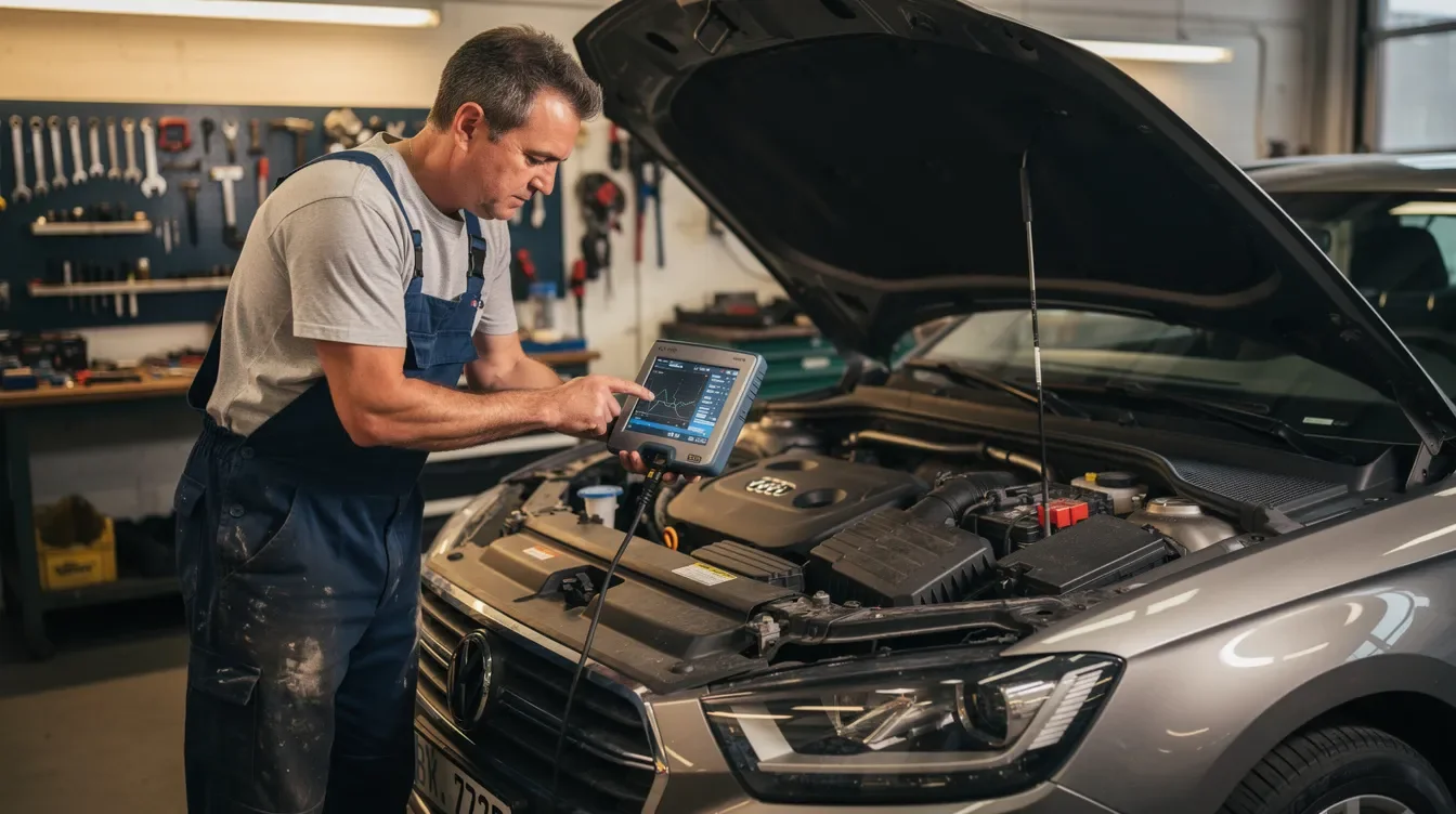 Un mecanic auto inspectează motorul unui autoturism Kia, utilizând un dispozitiv de diagnostic computerizat. Imaginea sugerează un mediu de lucru profesionist, specific unui service auto din Brașov, unde se efectuează verificări tehnice detaliate.