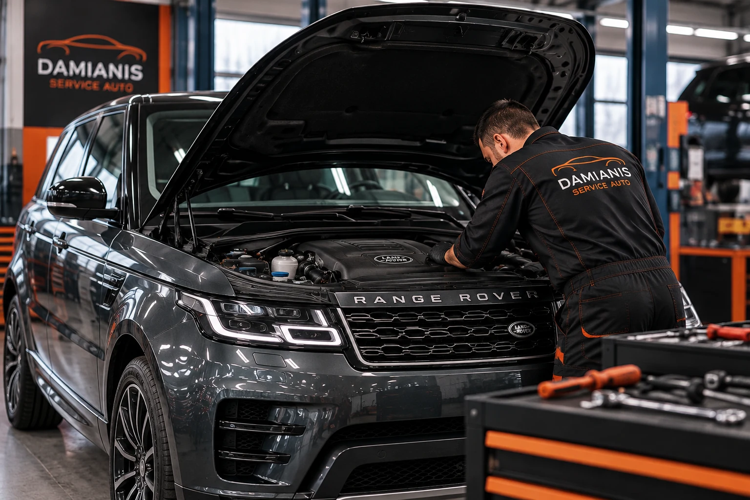 Land Rover Discovery în service auto la Damianis Brașov, cu mecanic care verifică motorul