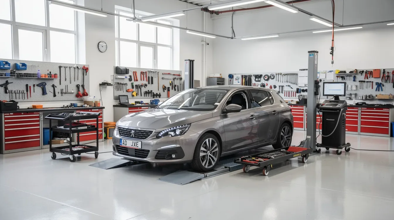 Imaginea prezintă un atelier auto curat și bine organizat, cu o mașină Peugeot 207 amplasată pe rampă, pregătită pentru service. Atelierul este dotat cu unelte și echipamente moderne, reflectând standardele înalte ale unui dealer auto din Brașov.