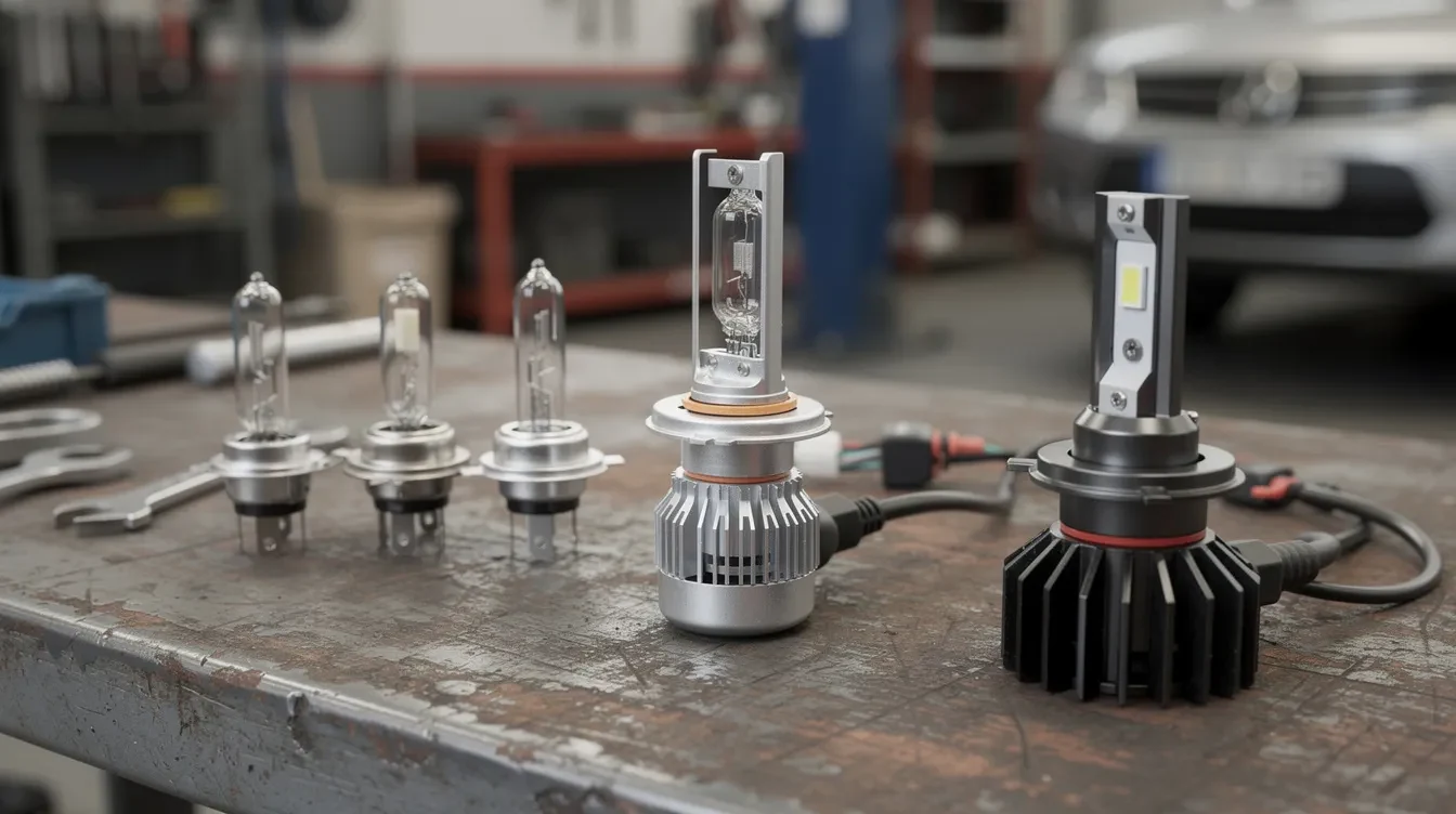 Becuri auto de tip halogen, xenon și LED pe o masă de lucru.
