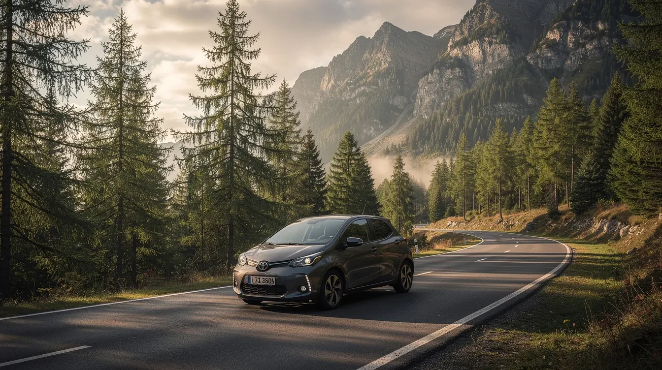 Toyota Yaris Hybrid pe un drum montan, exemplu de mașină cu consum mic