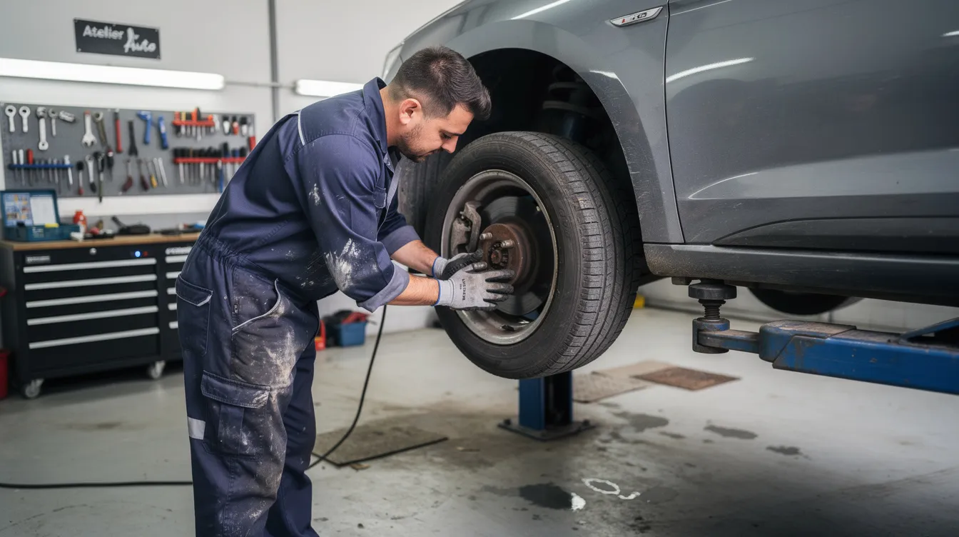 Un mecanic verifică roata unei mașini pe un elevator într-un atelier auto, asigurându-se că plăcuțele de frână și discurile sunt în stare bună pentru a preveni uzura excesivă și problemele de frânare. În fundal, se observă unelte și echipamente specifice pentru întreținerea vehiculului.