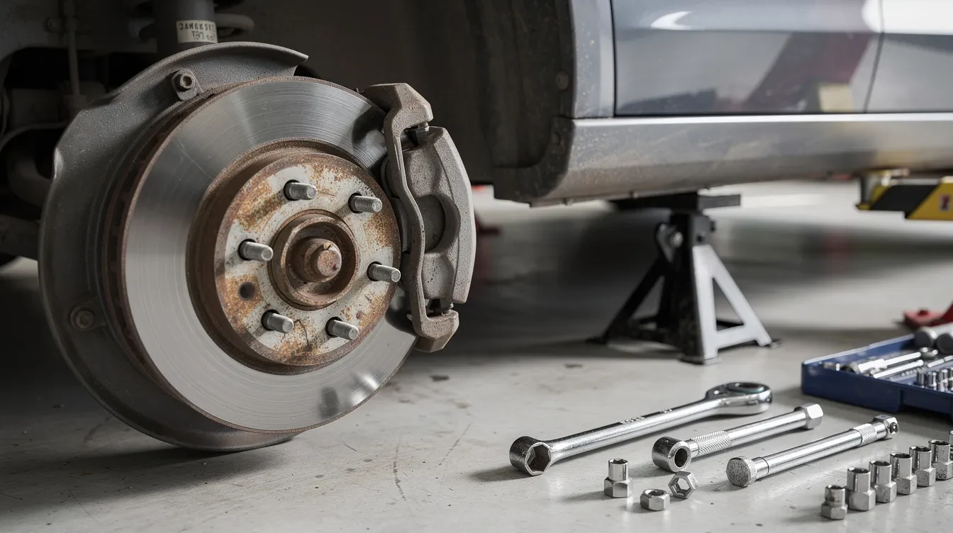 Disc de frână și componentele roții inspectate într-un service auto