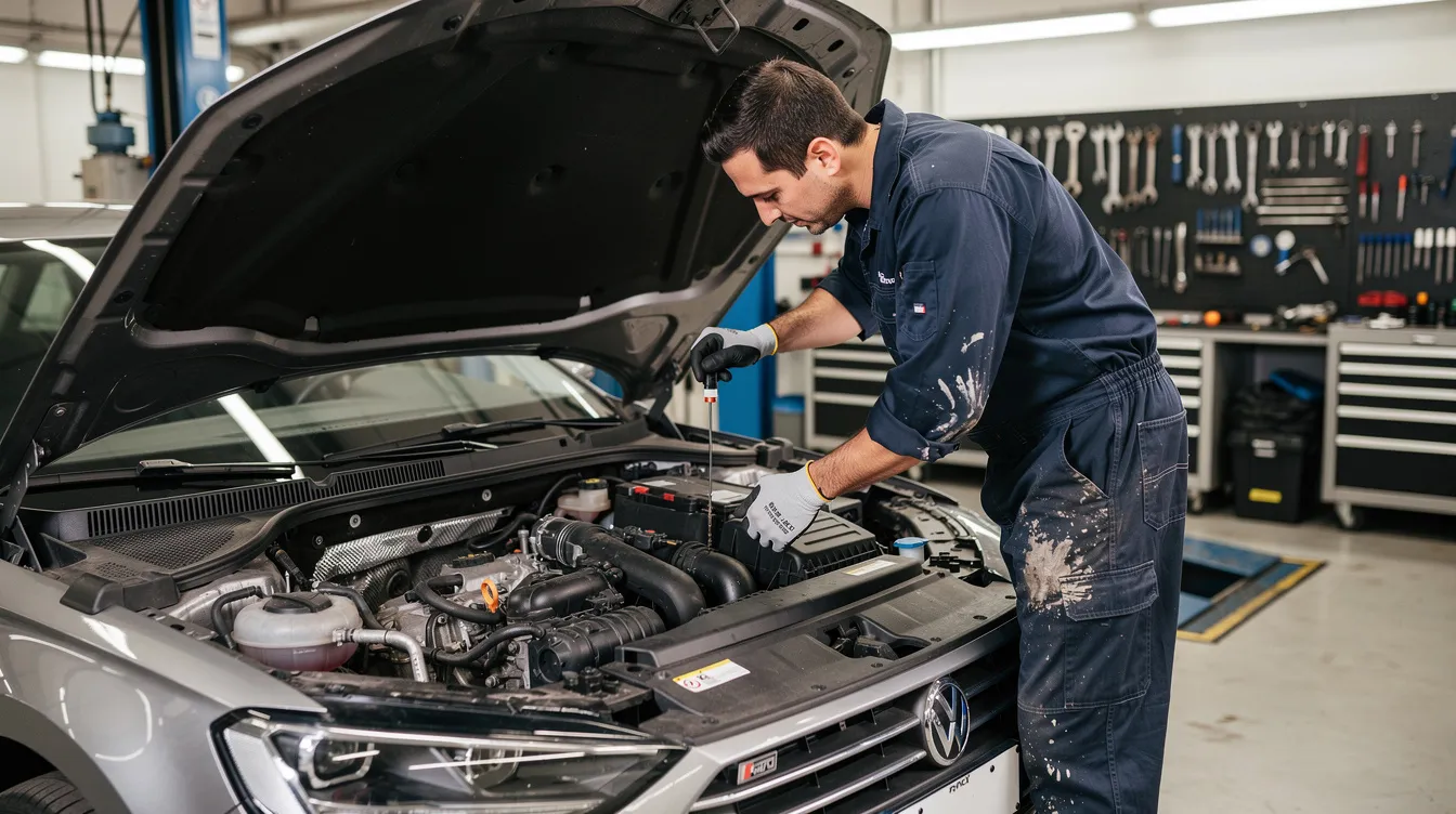 Mecanic verificând motorul unei mașini într-un atelier auto