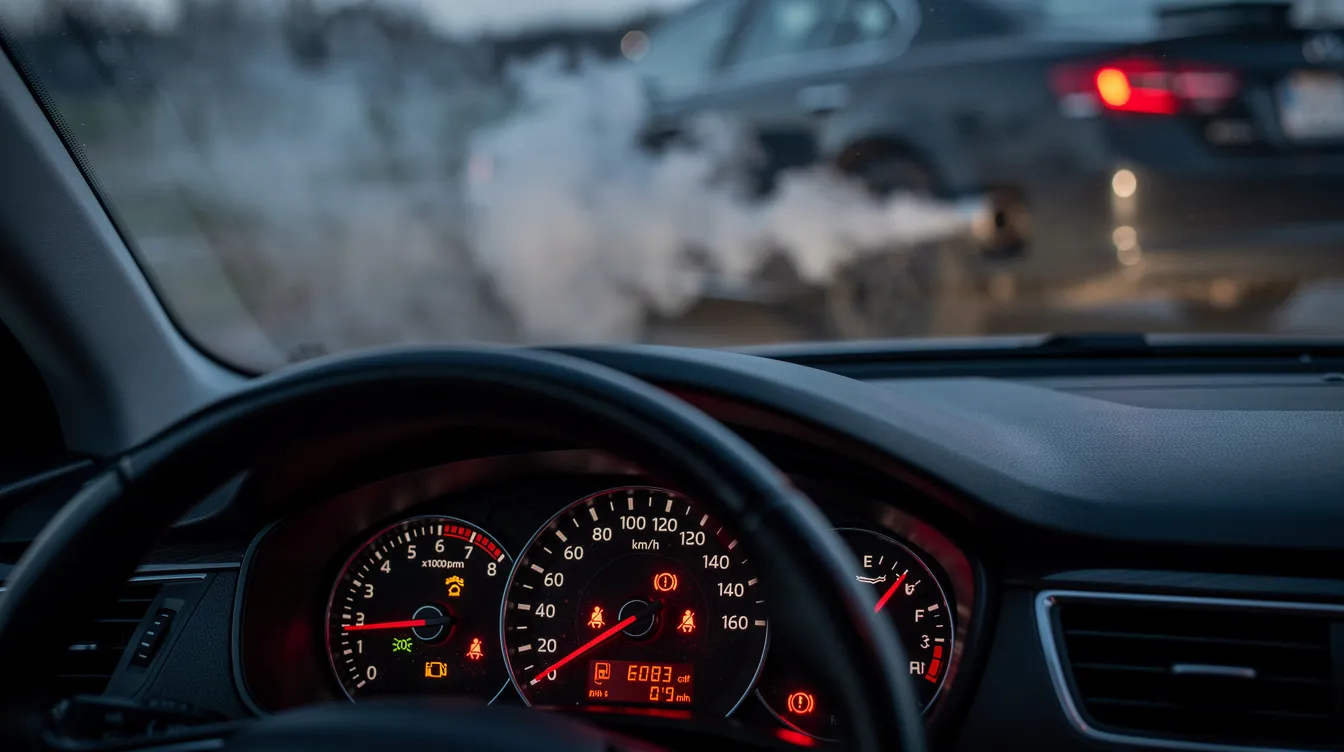 Imaginea prezintă un bord de mașină cu martori aprinși, indicând probleme precum un consum crescut de combustibil și posibile defecțiuni ale motorului, în timp ce în fundal se observă evacuarea cu fum vizibil. Aceste semne sugerează că vehiculul necesită o vizită la service pentru diagnosticare și reparații.