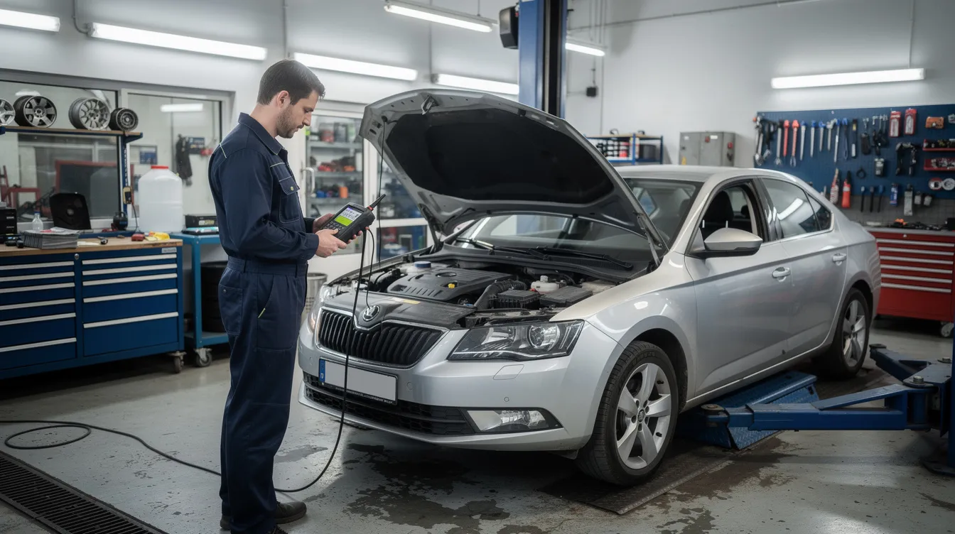 Imaginea prezintă un mecanic auto care utilizează un tester de diagnostic OBD pentru a verifica un autoturism într-un service auto, concentrându-se pe senzorul map și simptomele unui senzor defect care ar putea afecta performanța motorului. Mecanicul analizează codurile de eroare pentru a determina eventualele probleme legate de presiunea din galeria de admisie.