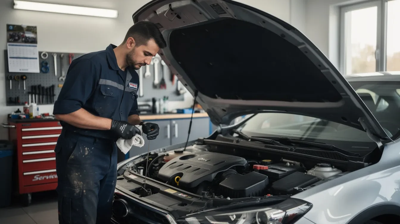 Un mecanic auto verifică nivelul uleiului sub capota unei mașini, folosind joja pentru a se asigura că uleiul este la limita normală, prevenind astfel aprinderea martorului roșu de ulei de pe bord. Această verificare este esențială pentru menținerea presiunii corecte a uleiului în motor.