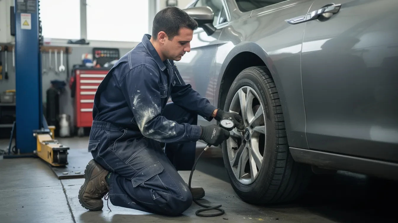 Un mecanic auto verifică presiunea anvelopei utilizând un manometru, asigurându-se că valorile sunt corecte pentru o monitorizare eficientă a presiunii. Acest proces este esențial pentru siguranța și performanța mașinii, iar martorul de presiune de pe bord se poate aprinde în cazul unor anomalii.