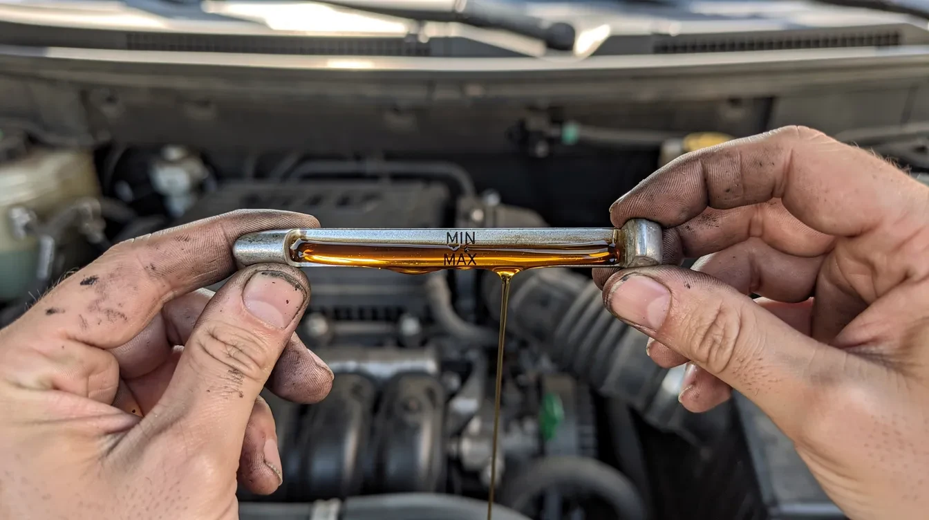 Imaginea prezintă două mâini care verifică joja de ulei a unui motor auto, cu ulei vizibil pe aceasta, indicând nivelul uleiului. Această verificare este esențială pentru a asigura funcționarea corectă a motorului și pentru a evita aprinderea martorului roșu de pe bord.